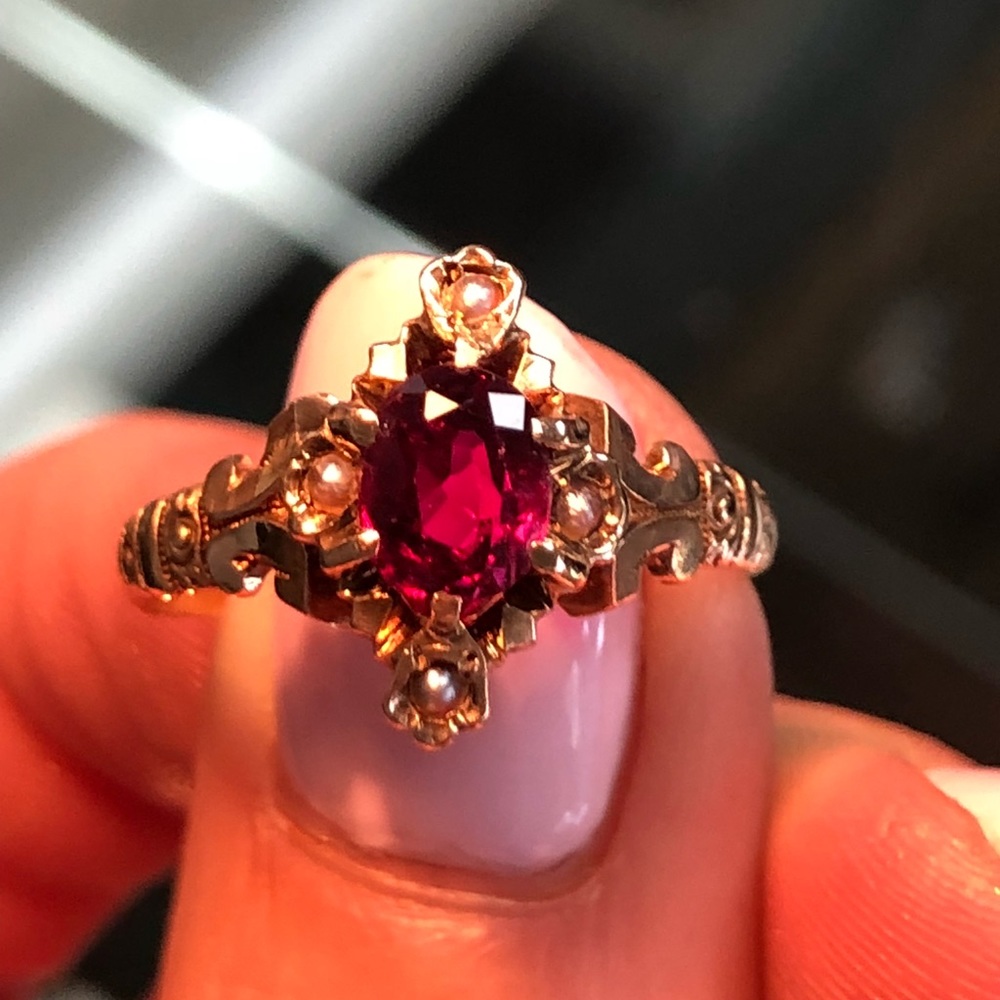 Antique Victorian Genuine Ruby Pearl 10k Gold